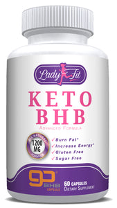 Image of white supplement bottle with the Lady Fit logo on top and “Keto BHB” written in pink letters. 